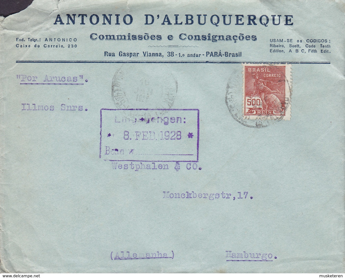 Brazil ANTONIO D'ALBUQUERQUE Commissões E Consignacoes PARÁ 1928 Cover Letra Germany 'Por Arucas' (Gran Canaria) Spain - Cartas & Documentos