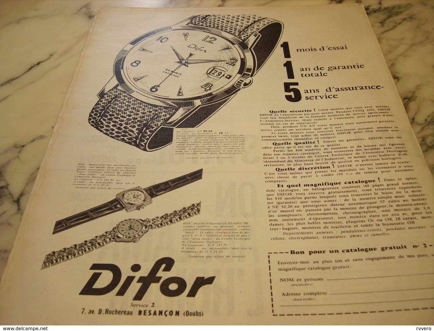 ANCIENNE PUBLICITE MONTRE DIFOR 1960 - Other & Unclassified