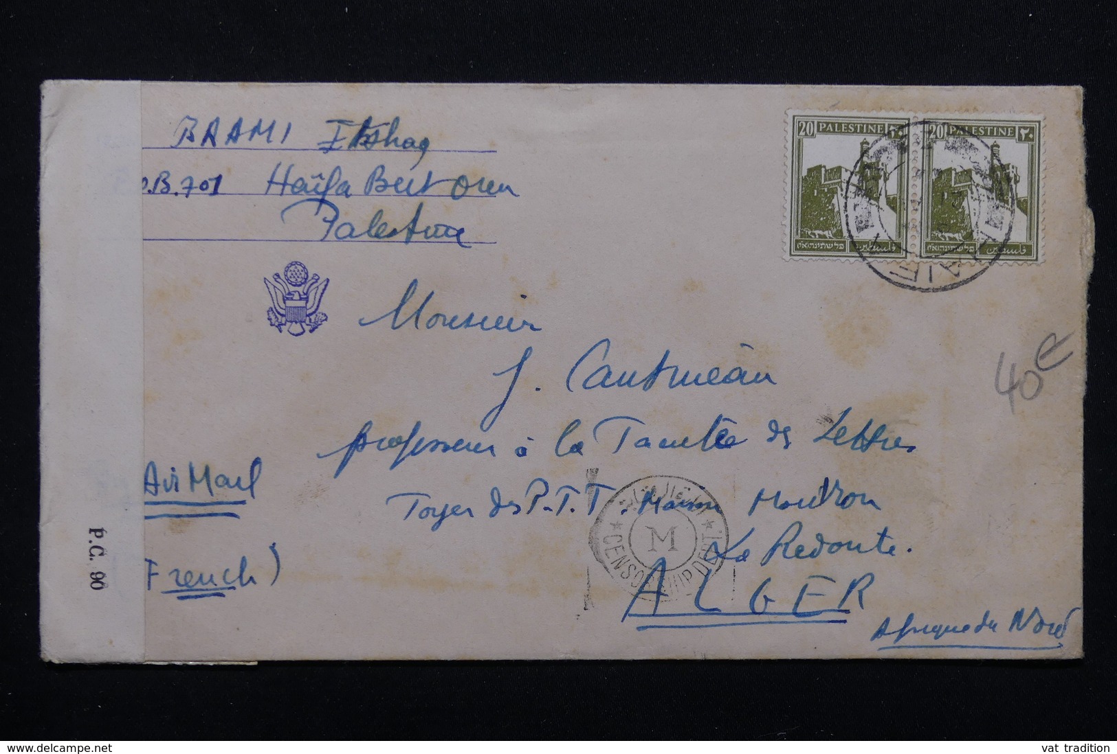 PALESTINE - Enveloppe De Haifa Pour Alger Avec Contrôle Postal - L 23373 - Palestine