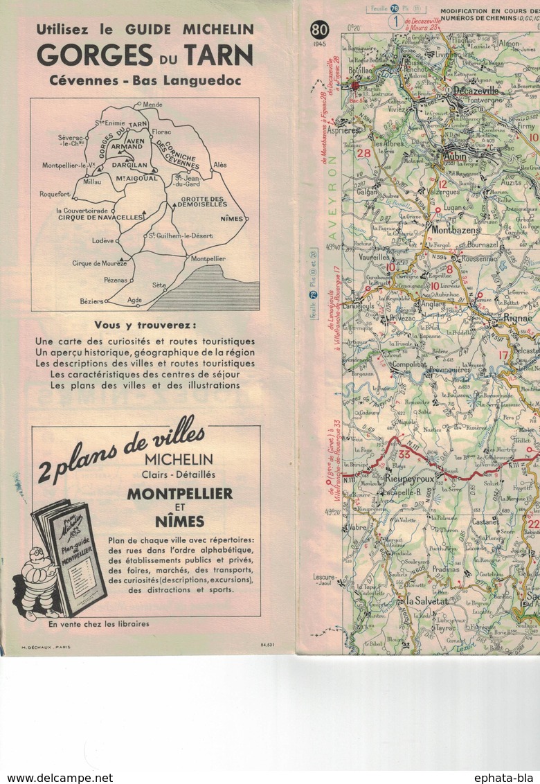 Rodez-Nîmes. Cartes Michelin. 1945. - Carte Stradali