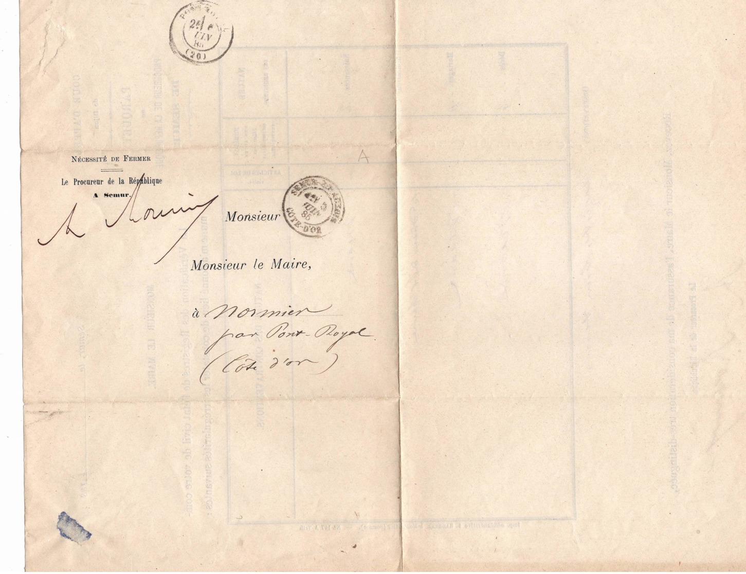 SEMUR EN AUXOIS 1885 PROCUREUR DE LA REPUBLIQUE DE SEMUR.....+ CAD PONT ROYAL - Non Classés