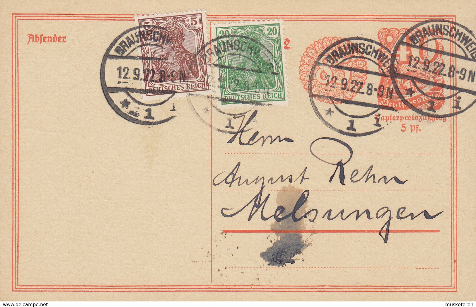 Germany Deutsches Reich Uprated Postal Stationery Ganzsache 85 Pf. Neben 40 Pf. Postreiter BRAUNSCHWEIG 1922 MELSUNGEN - Cartoline