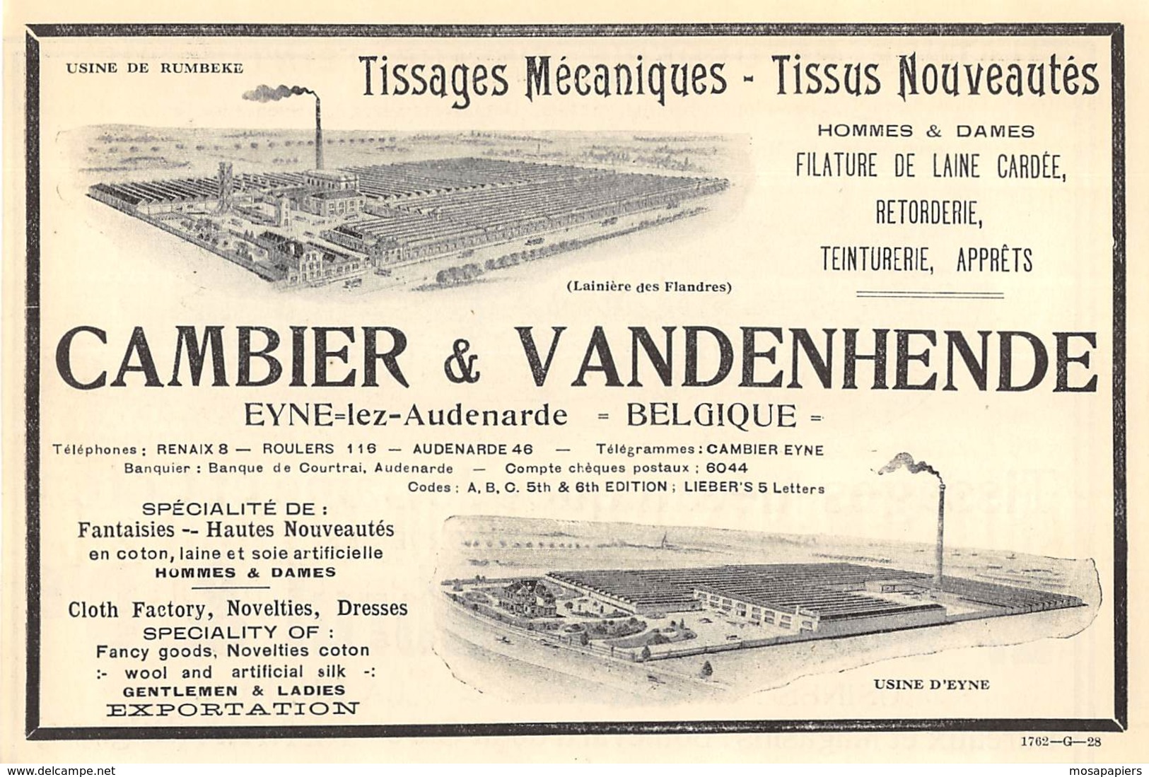 1928 - Eyne-lez-Audenarde - Tissage Mécanique - Cambier & Vandenhende - Dim. 1/2 A4 - Advertising