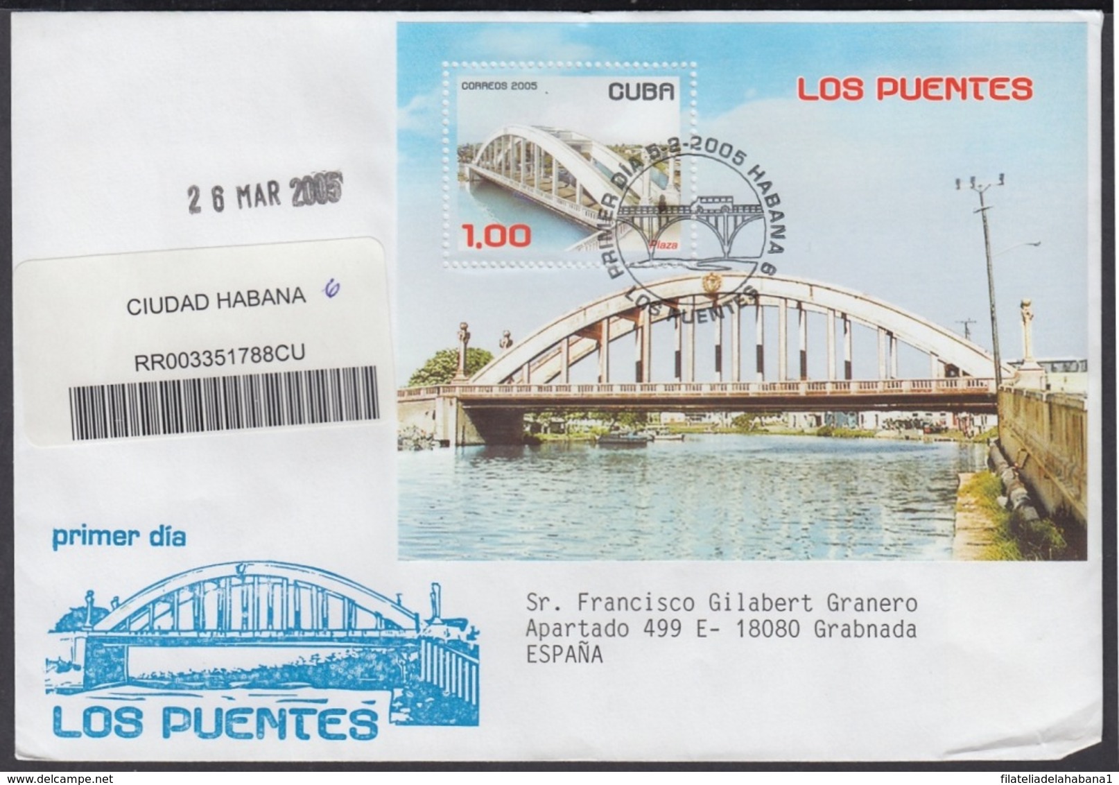 2005-FDC-52 CUBA FDC 2004. REGISTERED COVER TO SPAIN. PUENTES DE CUBA, BRIDGES, YAYABO, BACUNAYAGUA, CANIMAR. - FDC