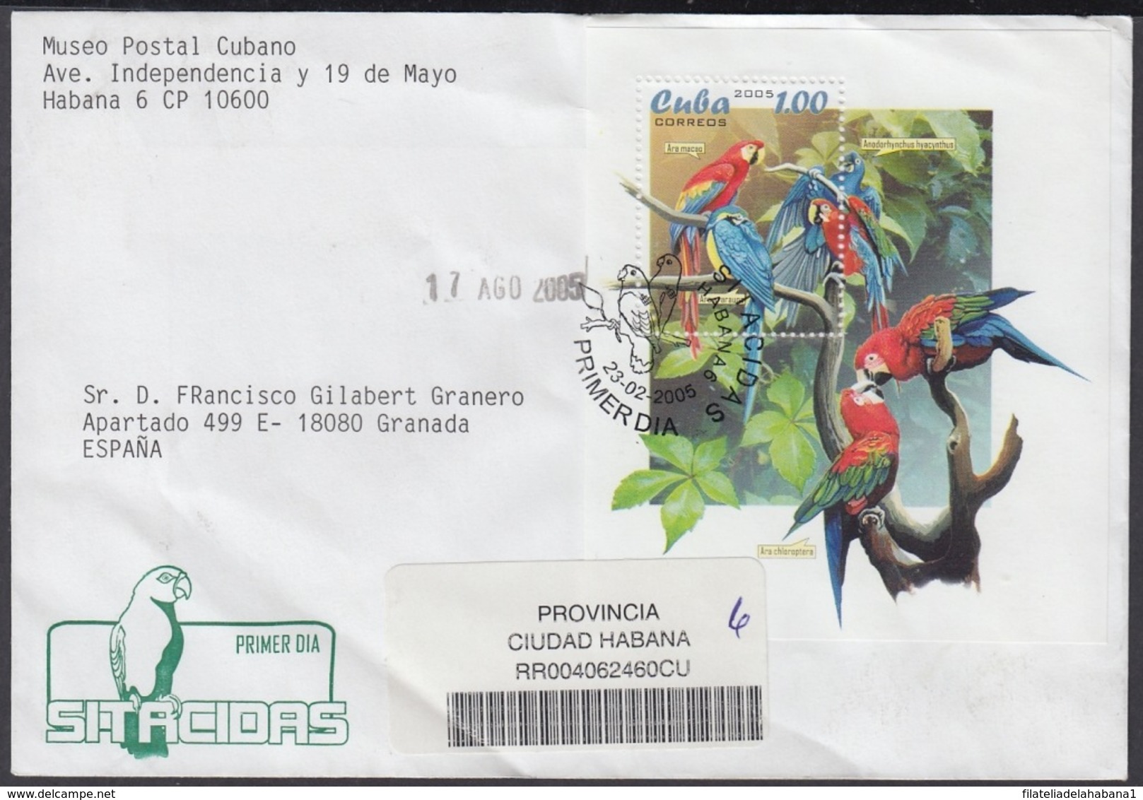 2005-FDC-55 CUBA FDC 2005. REGISTERED COVER TO SPAIN. SITACIDAS, AVES, PAJAROS, BIRD, LOROS, PARROT. - FDC