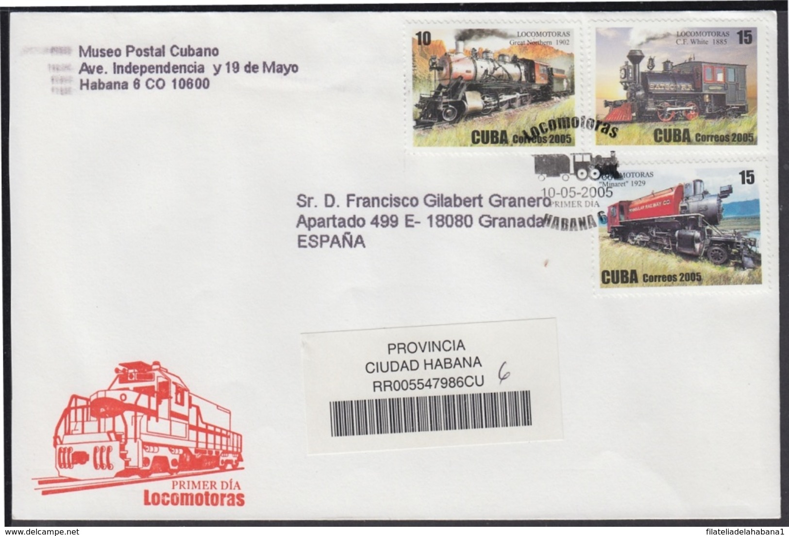 2005-FDC-65 CUBA FDC 2005. REGISTERED COVER TO SPAIN. LOCOMOTORAS, RAILROAD, RAILWAYS, LOCOMOTIVE. - FDC