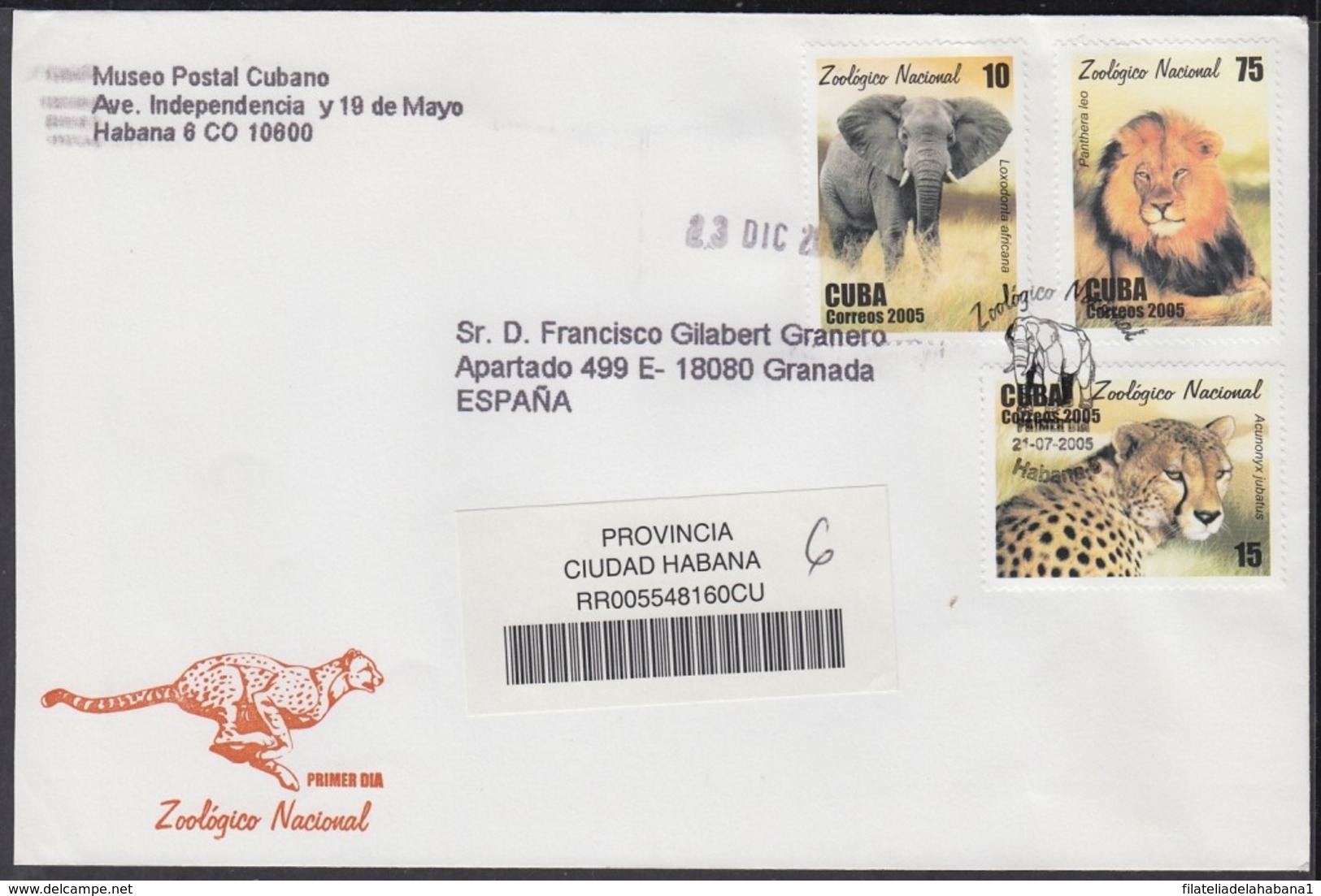 2005-FDC-66 CUBA FDC 2005. REGISTERED COVER TO SPAIN. ZOO, CEBRA, JIRAFA, LEON, ELEFANTE, LION, ELEPHANT, GIRAFFE. - FDC