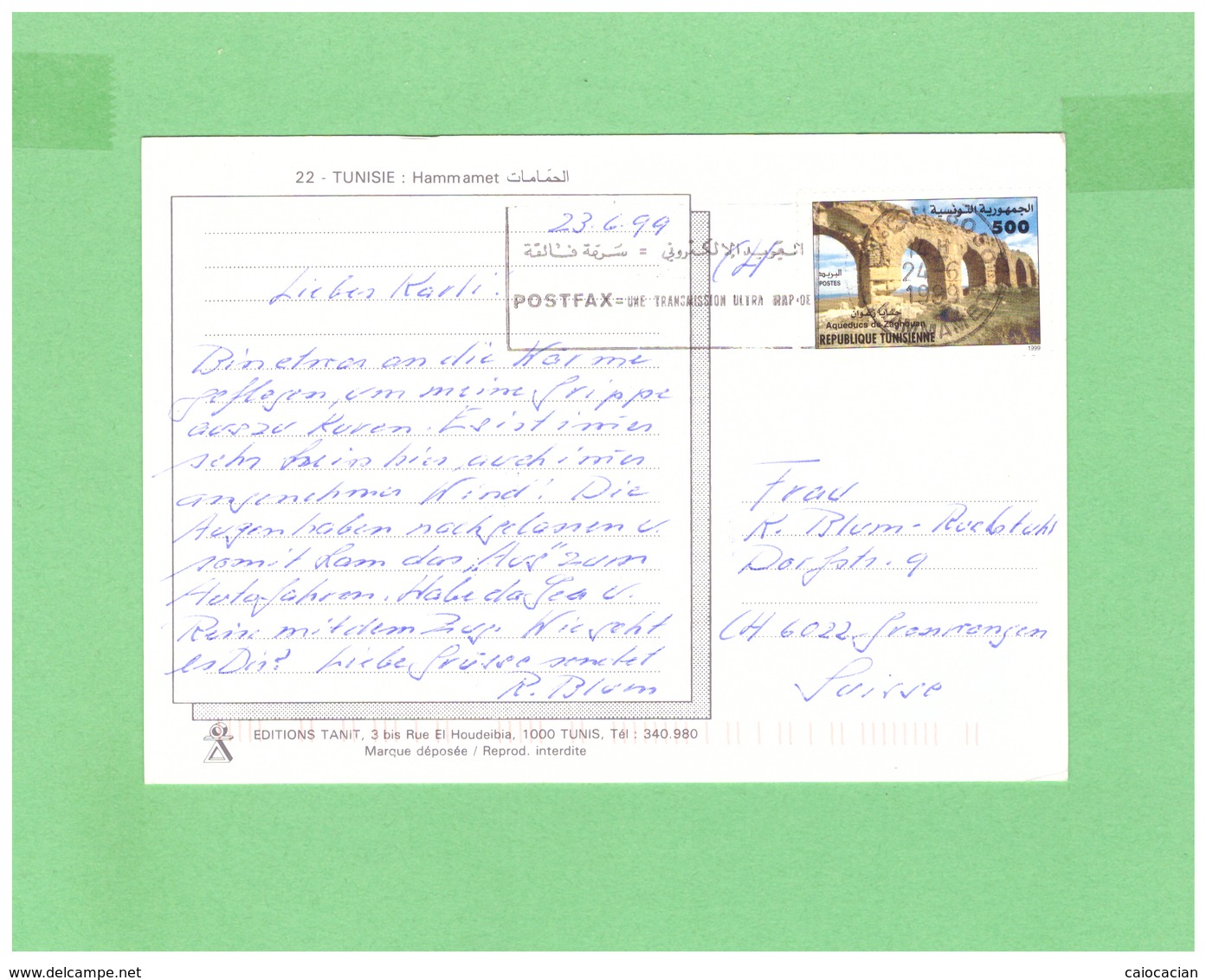 1999 TUNISIE POSTCARD WITH 1 STAMP TO SWISS - Tunisia (1956-...)