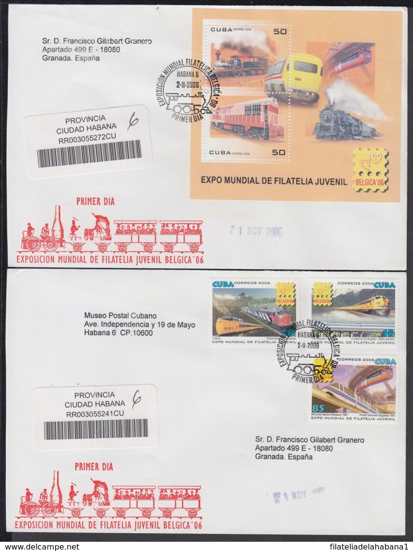 2006-FDC-116 CUBA FDC 2006. REGISTERED COVER TO SPAIN. PHILATELIC EXPO BELGIUM, RAILROAD, FERROCARRIL, RAILWAYS. - FDC