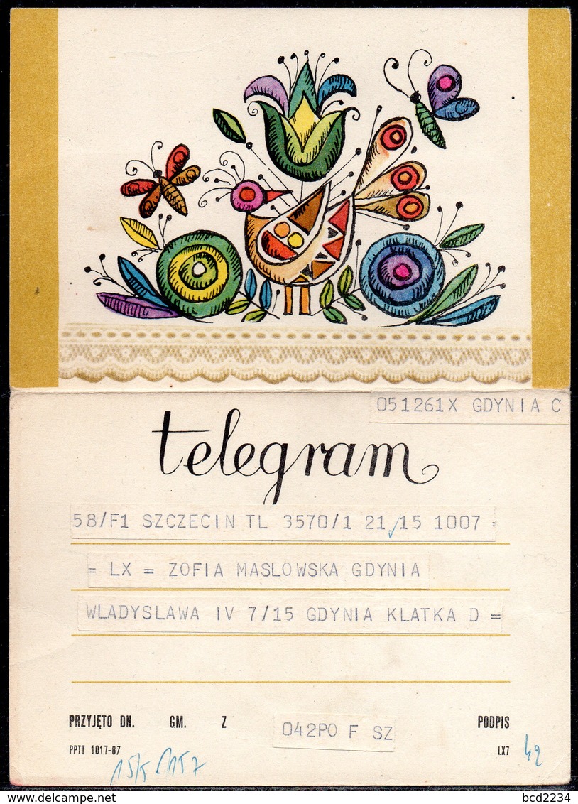 POLAND 1967 TELEGRAM COUNTRY SCENE STYLISED BIRD INSECTS FLOWERS USED TÉLÉGRAMME TELEGRAMM TELEGRAMA TELEGRAMMA - Altri & Non Classificati