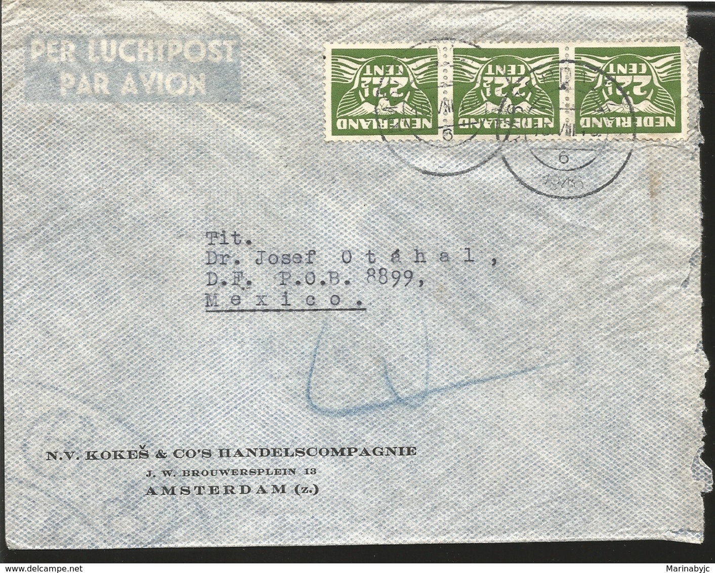 J) 1946 NETHERLAND, STRIP OF 3, 22 CENTS GREEN, AIRMAIL, CIRCULATED COVER, FROM NETHERLAND TO MEXICO - Europe (Other)
