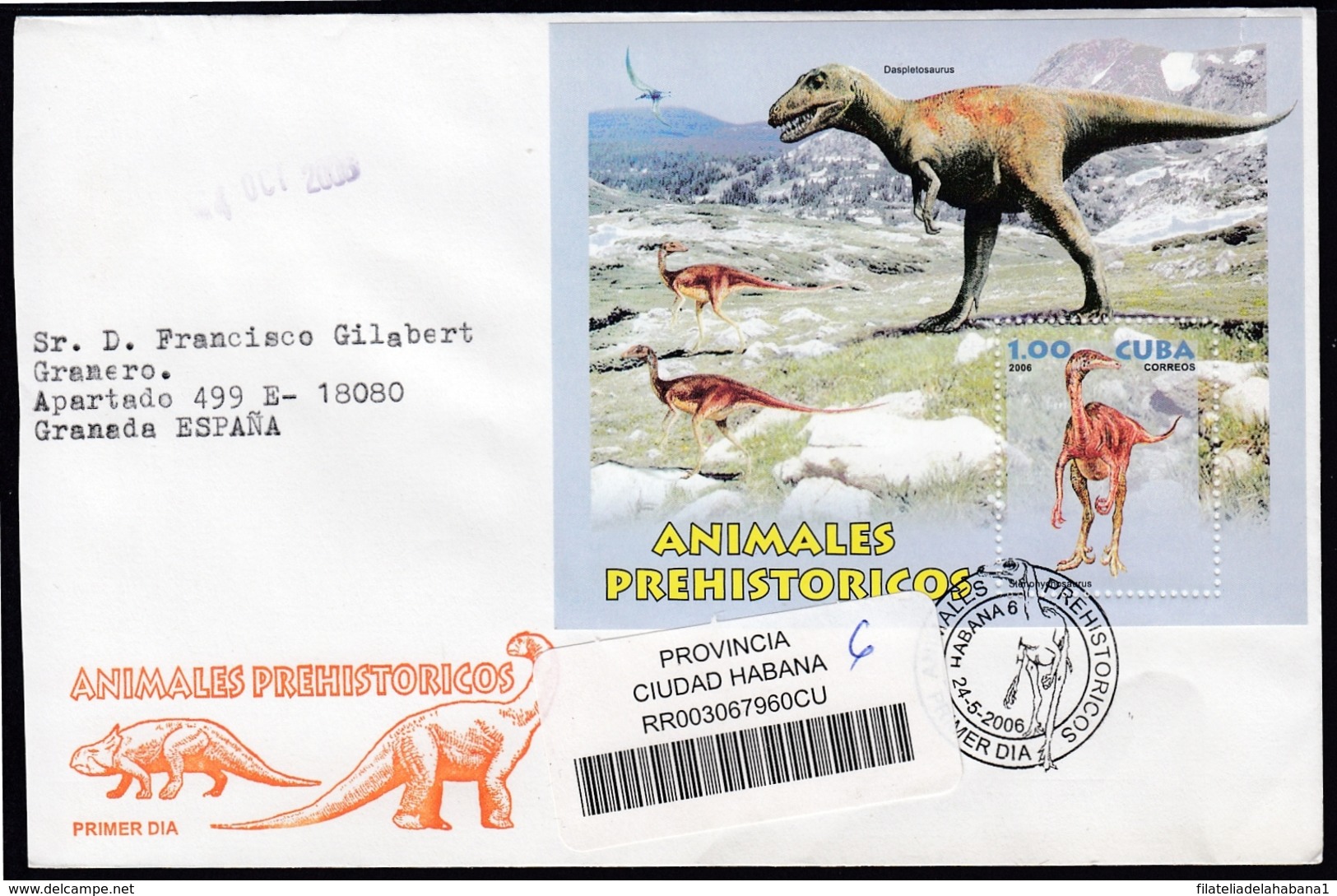 2006-FDC-122 CUBA FDC 2006. REGISTERED COVER TO SPAIN. ANIMALES PREHISTORICOS, DINOSAURIOS, DINOSAUR, PALEONTOLOGY. - FDC