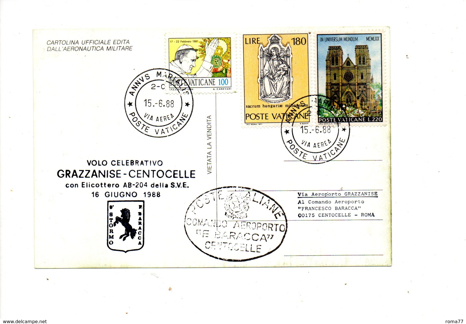 LAB565 - VATICANO 1988 , Volo Elicottero Grazzanise Centocelle. Aeroporto Baracca - Storia Postale