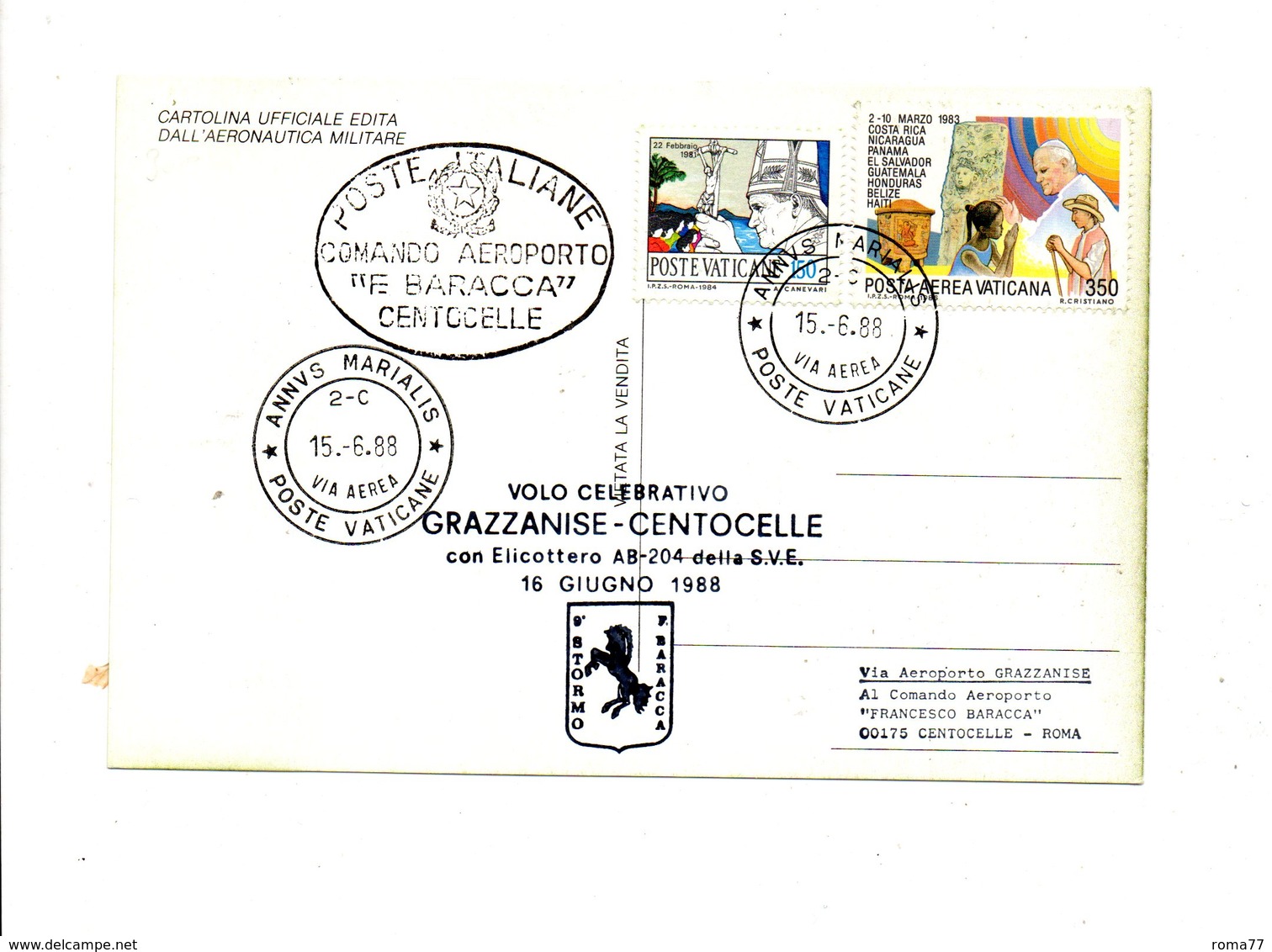 LAB566 - VATICANO 1988 , Volo Elicottero Grazzanise Centocelle. Aeroporto Baracca - Storia Postale