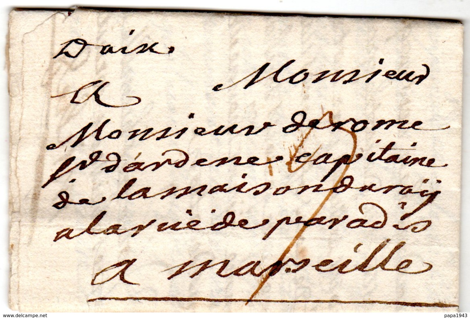Lettre Marque Manuscrite " D'Aix " Envoyée à  Marseille 1744 - 1701-1800: Voorlopers XVIII
