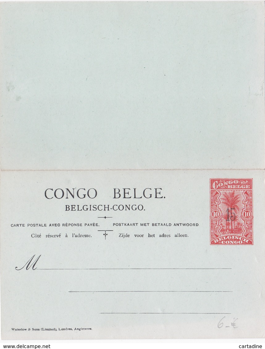 Entier Postal Stationery - Congo-Belge/ Belgische Congo -   Surchargé 15 Sur 10 - Double Avec Réponse Payée - Entiers Postaux