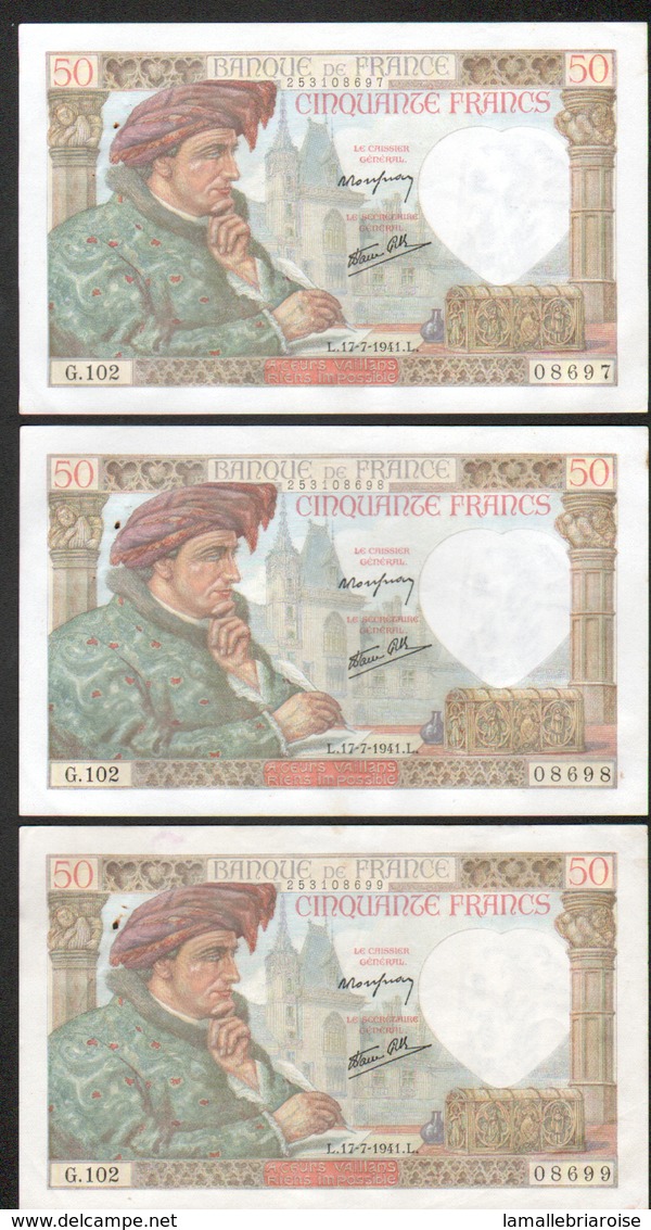 3 Billets 50 Francs, Jaxques Coeur, G102, L.17-7-1941.L, Serie De Trois Numeros Se Suivant, 8697, 8698 Et 8699 - 50 F 1940-1942 ''Jacques Coeur''