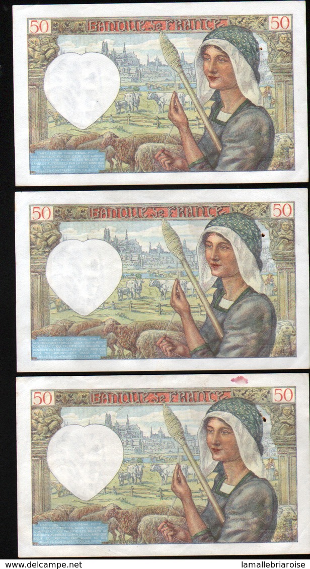 3 Billets 50 Francs, Jaxques Coeur, G102, L.17-7-1941.L, Serie De Trois Numeros Se Suivant, 8697, 8698 Et 8699 - 50 F 1940-1942 ''Jacques Coeur''