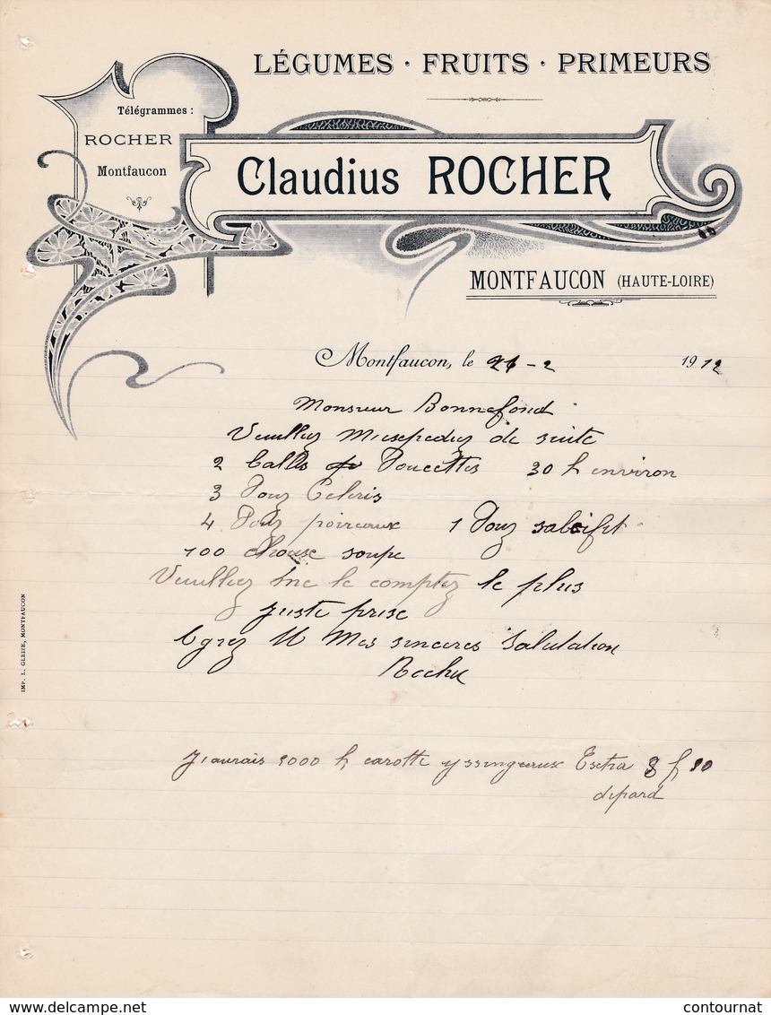 43 MONTFAUCON En Valay  COURRIER 1912 Légumes Fruits Claudius ROCHER X31 Haute LOire  C/ BOUTIERES - 1900 – 1949