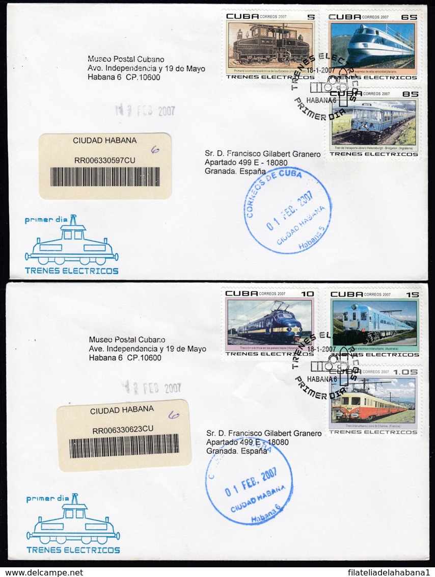 2007-FDC-94 CUBA FDC 2007. REGISTERED COVER TO SPAIN. TRENES ELECTRICOS, ELECTRIC RAILROAD, RAILWAYS, LOCOMOTIVE. - FDC