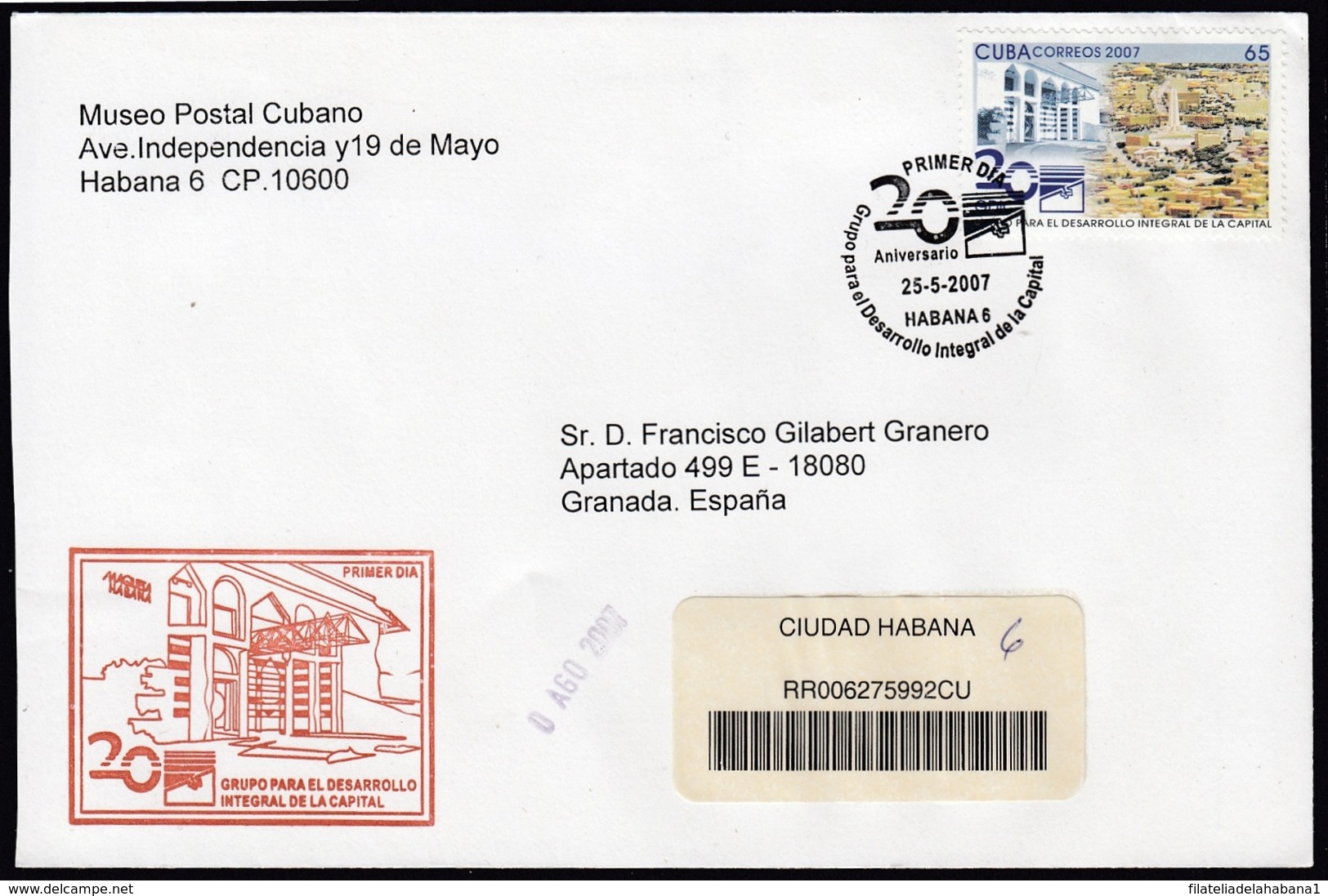 2007-FDC-100 CUBA FDC 2007. REGISTERED COVER TO SPAIN. MAQUETA DE LA HABANA. - FDC