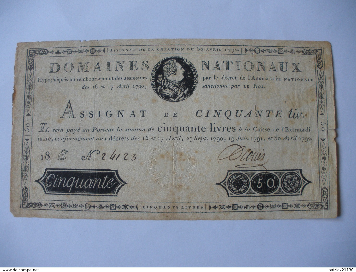 RARE ASSIGNAT 50 LIVRES EFFIGIE ROYALE 30/04/1792 LAFAURIE 153 - Assignats & Mandats Territoriaux