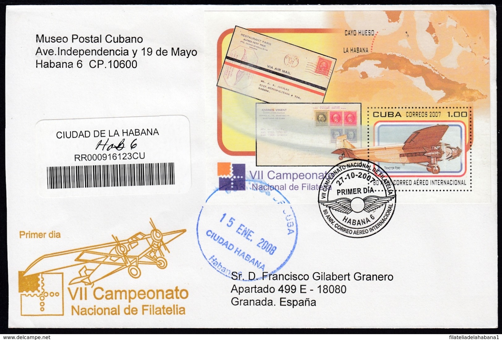 2007-FDC-105 CUBA FDC 2007. REGISTERED COVER TO SPAIN. HF CAMPEONATO NAC FILATELIA, AIR MAIL FIRST FLIGHT - FDC
