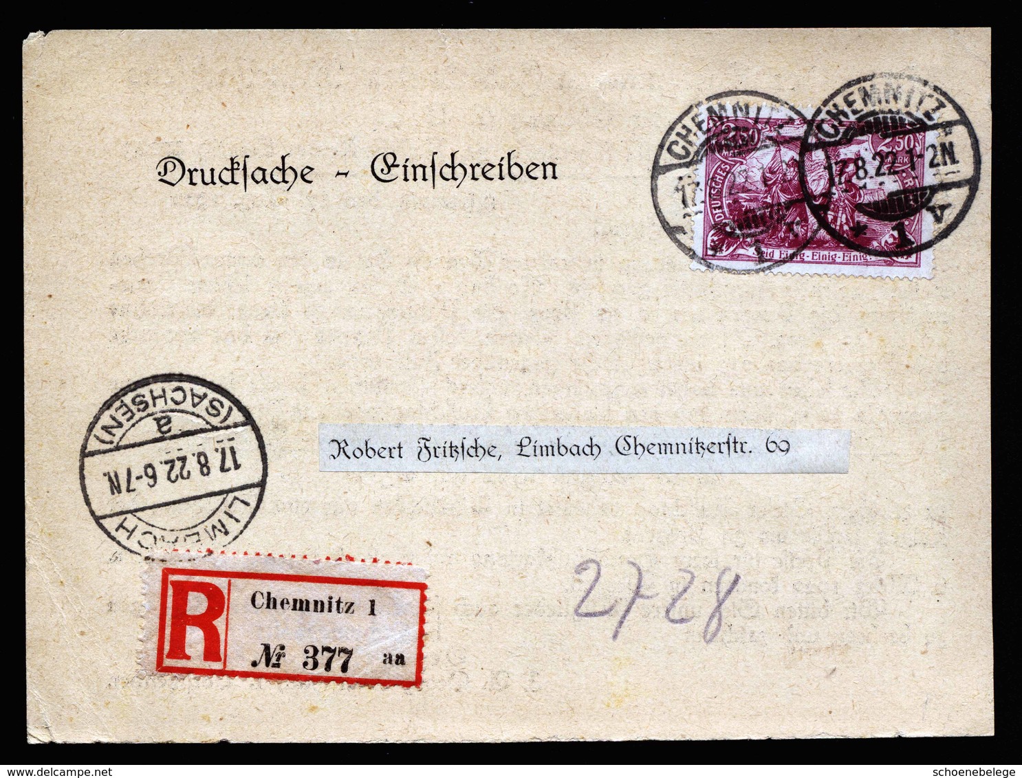 A5899) DR Infla R-Drucksache-Karte Chemnitz 17.08.22 EF Mi.115e - Lettres & Documents