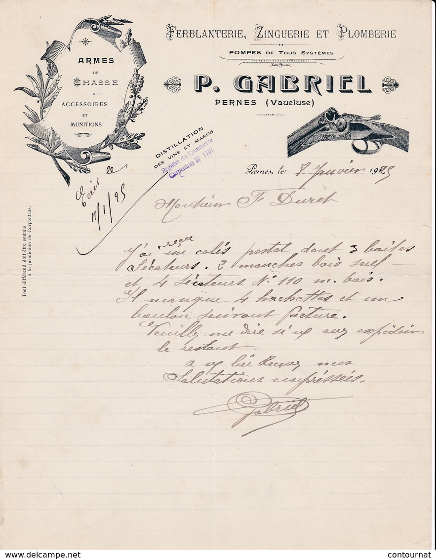 84 PERNES Les Fontaines  COURRIER 1925 Ferblanterie Zinguerie P. GABRIEL  Armes De Chasse  X31 Vaucluse - 1900 – 1949