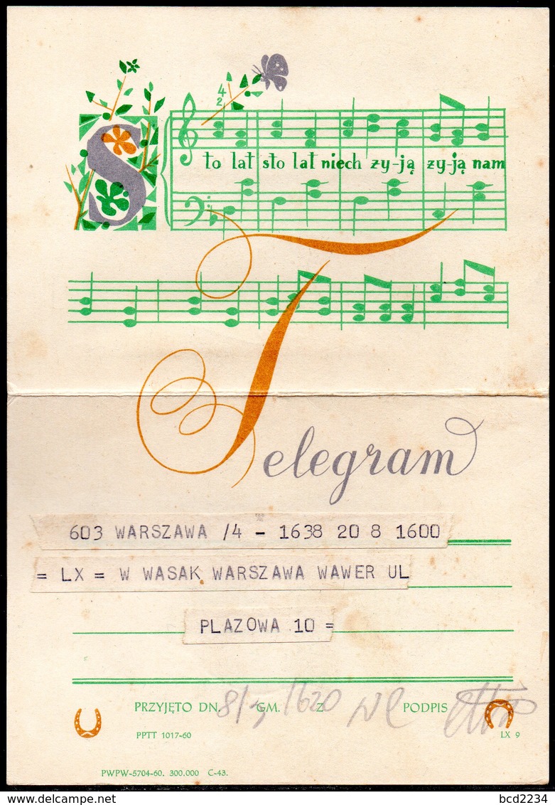 POLAND 1960 TELEGRAM SPECIAL OCCASION LIVE 100 YEARS STO LAT MUSIC NOTES WORDS TÉLÉGRAMME TELEGRAMM TELEGRAMA TELEGRAMMA - Storia Postale