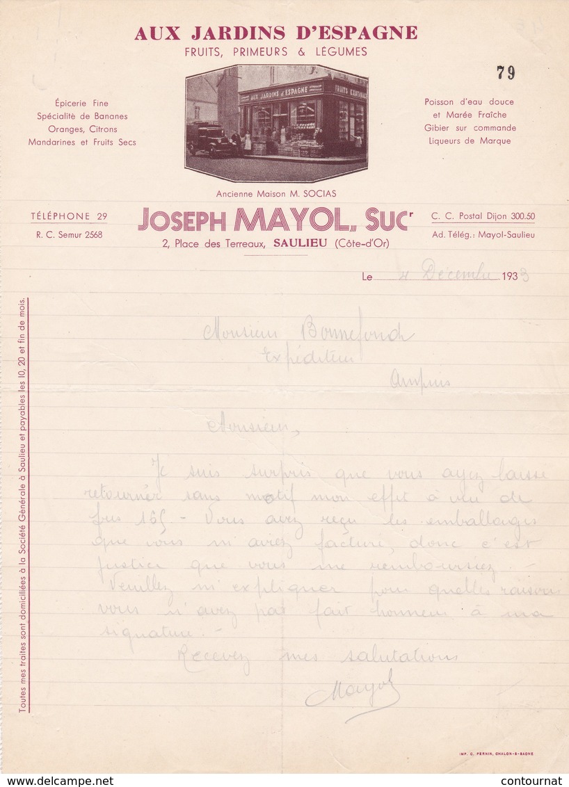 21 SAULIEU COURRIER 1935 Aux Jardins D' Espagne Fruits  Légumes Joseph MAYOL X31 Côte D' Or - 1900 – 1949