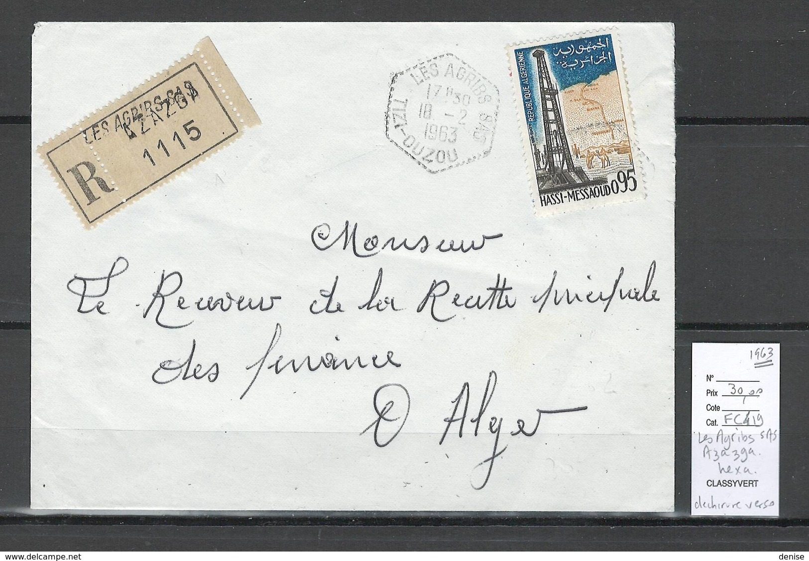 Algerie - Lettre Recommandée - Cachet Hexagonal - Les AGRIBS SAS - Utilisé En 1963-  Marcophilie - Covers & Documents