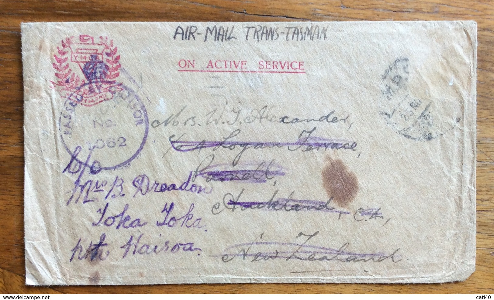 ON ACTIVE SERVICE  AIR MAIL TRANS TASMAN  23/1/1944  PASSED BAY CENSOR U ALTRI TIMBRI - Militaria