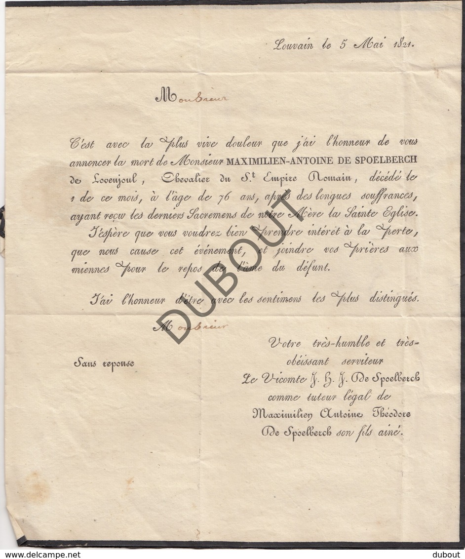 Doodsbrief Maximilien Antoine De Spoelberch De Lovenjoul/Lovenjoel / Lakzegel °1745 †1821 Leuven (N25) - Décès