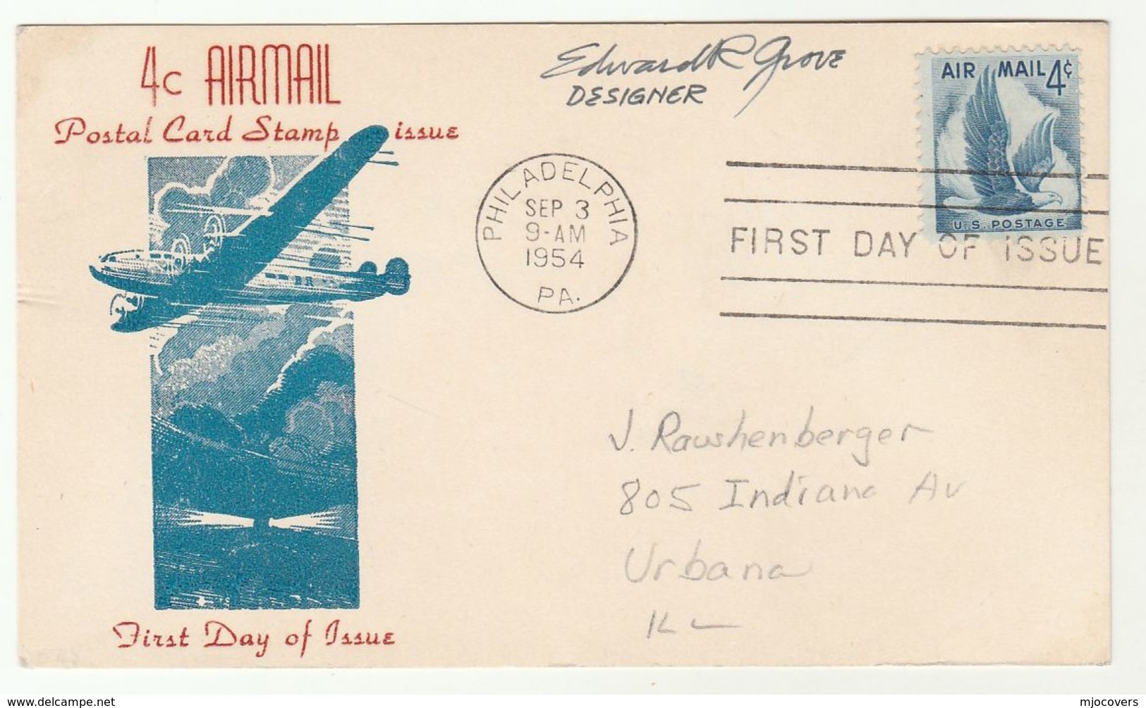 1954 SIGNED USA Aircraft FDC 4c AIRMAIL Stamps Cover Aviation - Airplanes