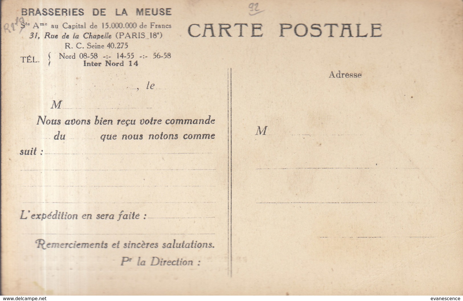 °°°  92 SEVRES / BRASSERIES DE LA MEUSE / PUB AU DOS   °°°   ////  REF  .  FEV. 19 / N° 8018 - Sevres