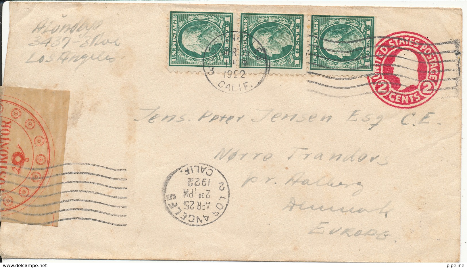 USA Uprated Postal Stationery Cover Sent To Denmark Los Angeles 25-4-1922 Closed By Aalborg Postkontor - 1921-40