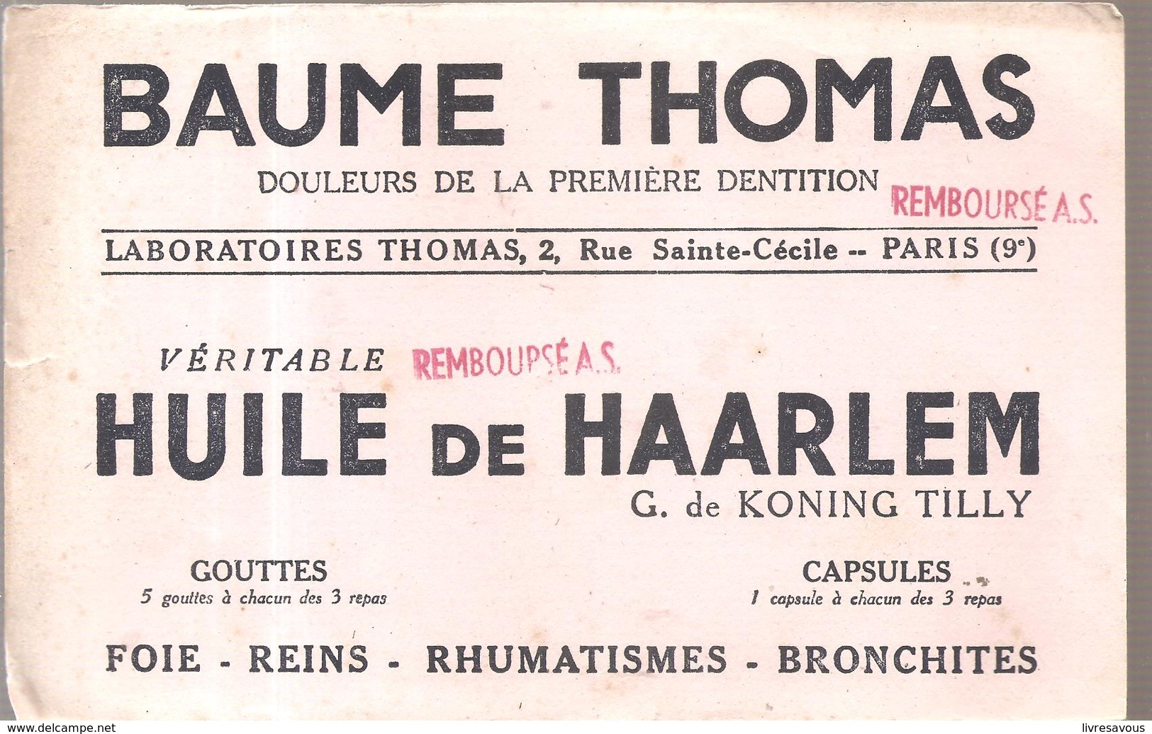 Buvard Beaume Thomas Huile De Haarlem Laboratoires Thomas 2, Rue Sainte Cécile Paris 9 ème - Produits Pharmaceutiques