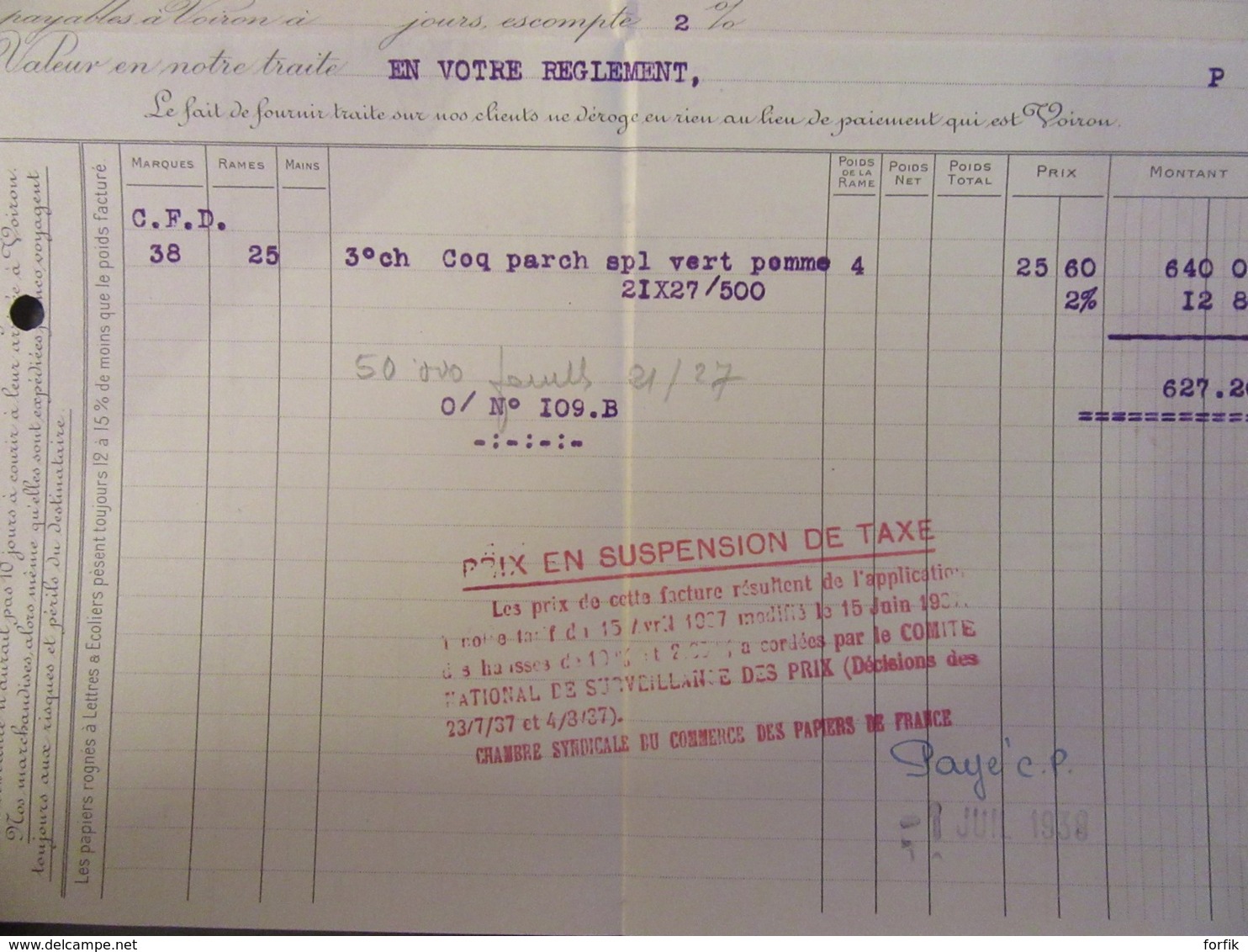 Facture Des Papeteries De Voiron Et Des Gorges (Isère) Datée Du 30 Mai 1938 - 1900 – 1949