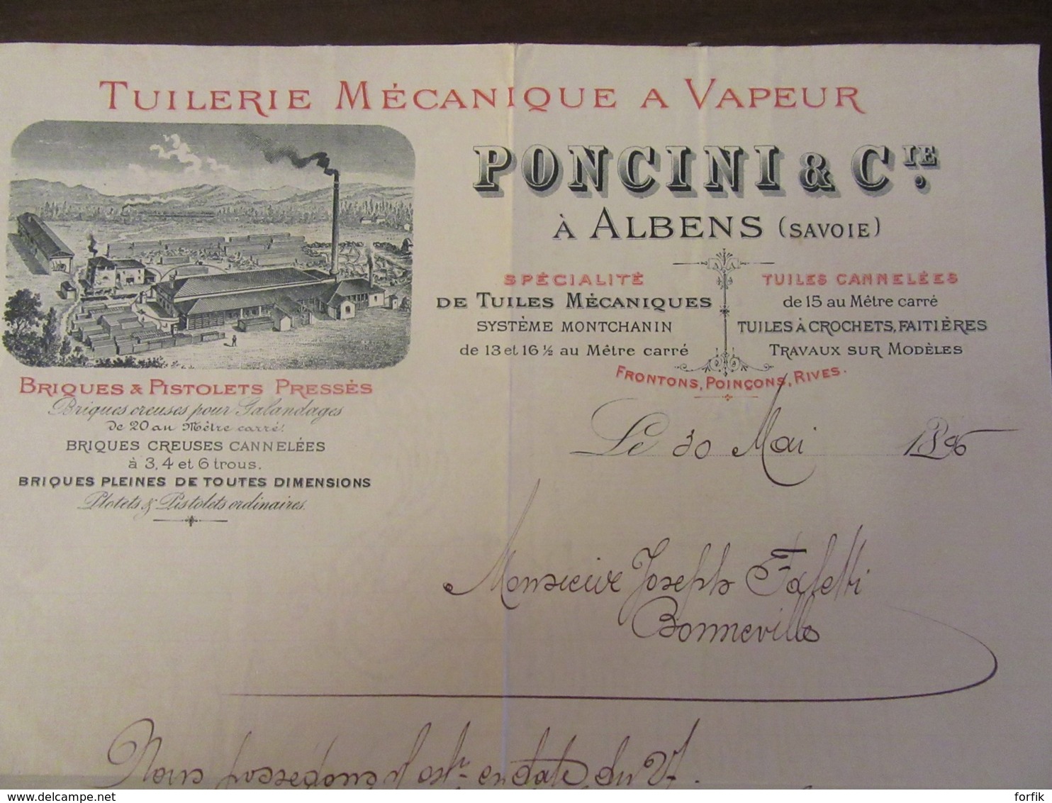 Document Commercial De La Tuilerie Mécanique à Vapeur Poncini & Cie à Albens (Savoie) Daté Du 30 Mai 1896 - 1800 – 1899