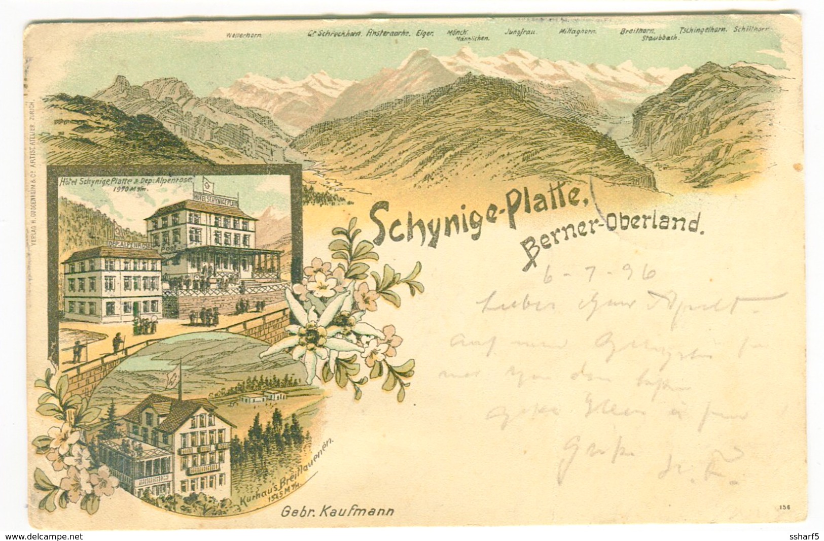 Gruss Aus SCHYNIGE PLATTE Farblitho HOTEL Gebr. Kaufmann Mit Poststempel 1896 - Andere & Zonder Classificatie