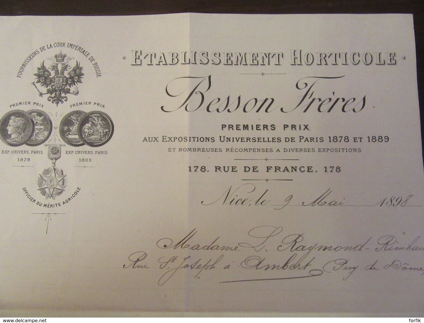 Document Commercial De L'Etablissement Horticole Besson Frères à Nice Daté Du 9 Mai 1898 - 1800 – 1899