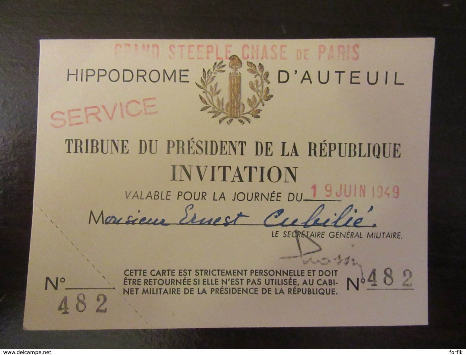 Hippisme - Coupon D'invitation Au Grand Steeple Chase De Paris - Tribune Du Président De La République - 19 Juin 1949 - Tickets D'entrée