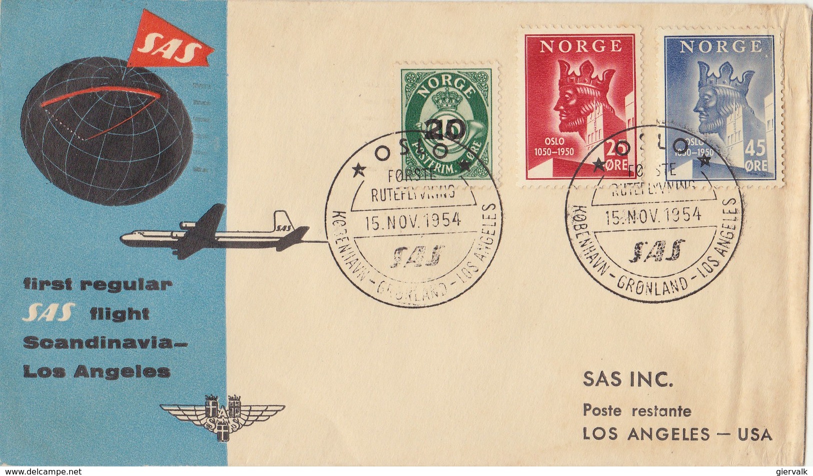 NORWAY 1954 SAS Flight To LOS ANGELES.BARGAIN.!! - Briefe U. Dokumente