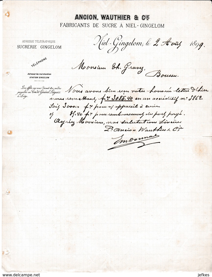 1899 Sucrerie à Niel-Gingelom. Ancion, Wauthier Et C Ie, Fabricants De Sucre - Documents Historiques