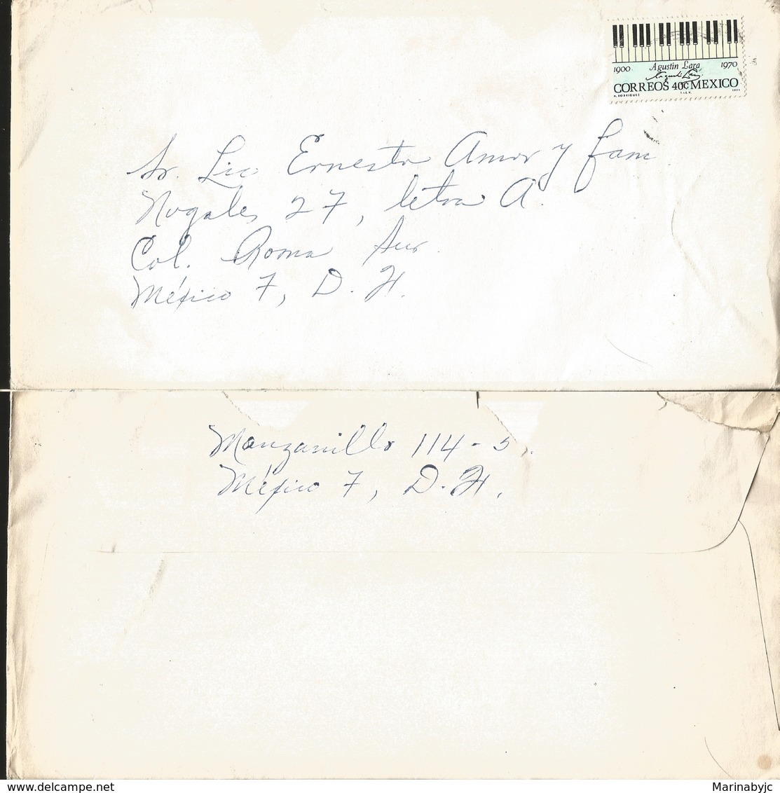 J) 1970 MEXICO, CECENTENNIAL OF THE DEATH OF AGUSTIN LARA, COMPOSER, PIANO, CIRCULATED COVER, INTERIOR MAIL WITHIN TO ME - Mexico