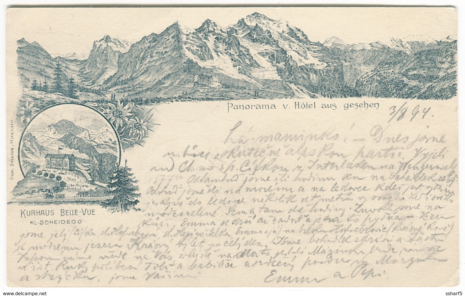 KLEINE SCHEIDEGG Kurhaus Belle-Vue Panorama Mehrbildkarte Geschickt 1894 Zugstempel WENGERNALP-SCHEIDEGG - Sonstige & Ohne Zuordnung