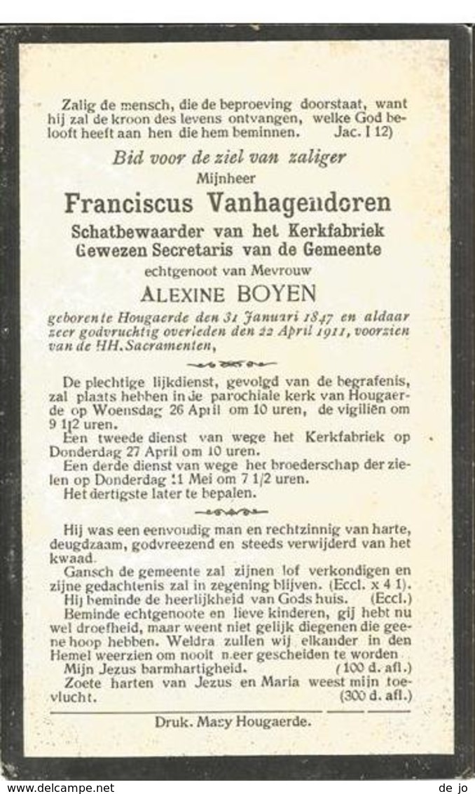 VANHAGENDOREN Franciscus °1847 Hougaerde Hoegaarden+ 1920 Echt.Boyen Doodsprentje Image Mortuaire Funeral Card - Religion & Esotérisme