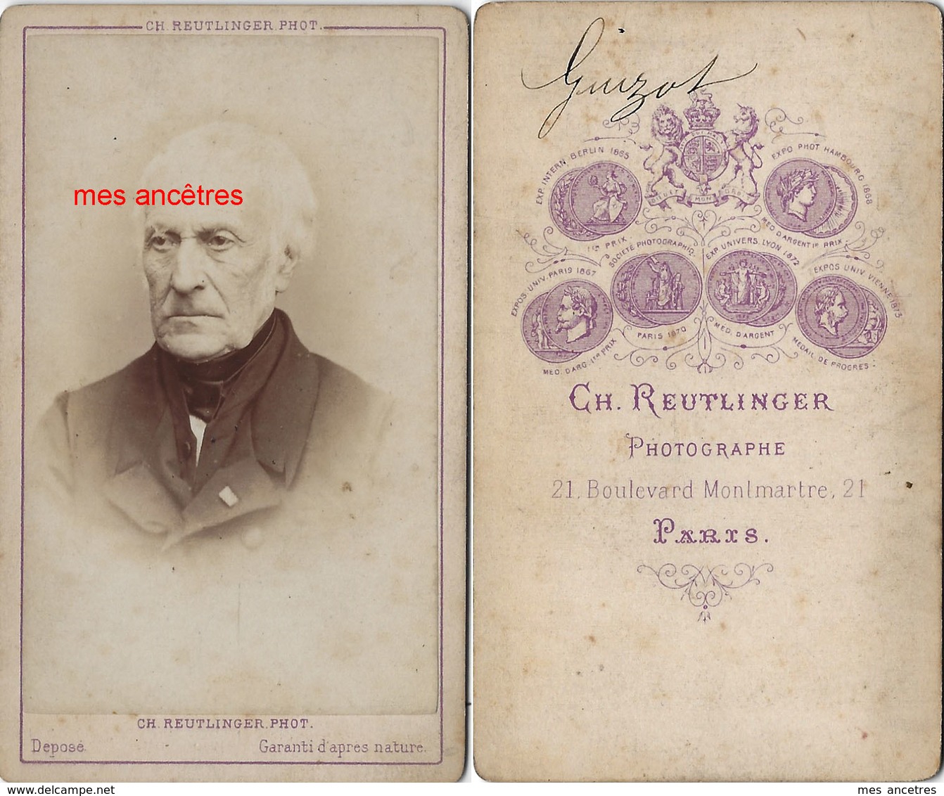 Vers 1873-CDV François GUIZOT 1787-1874-historien-homme D'Etat-Académicien- Photo Ch. Reutlinger - Anciennes (Av. 1900)