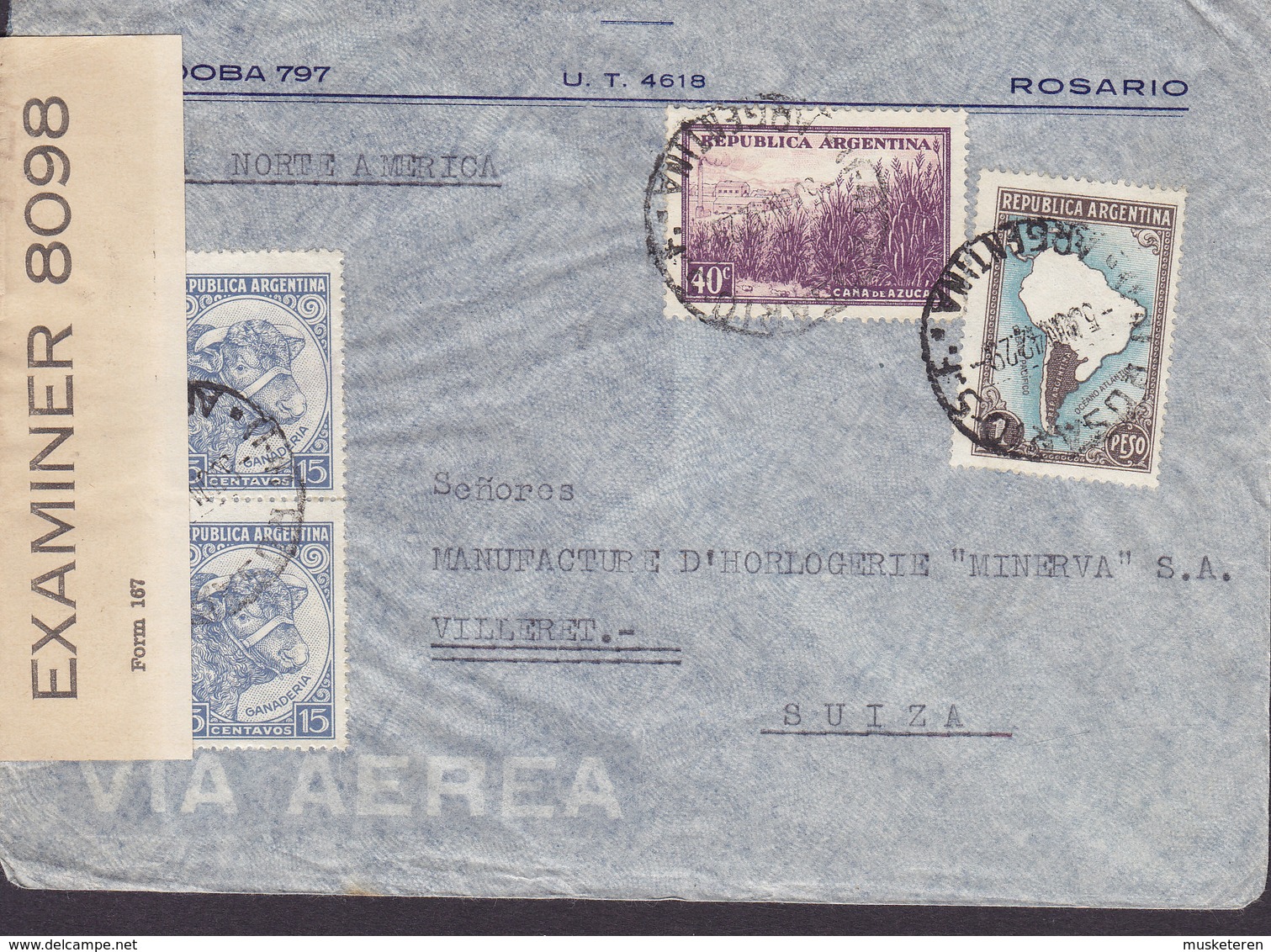 Argentina Via Norte America ROSARIO 1942 Cover Letra VILLARET Suisse P.C. 90 OPENED BY EXAMINER '8098' (American Censor) - Cartas & Documentos